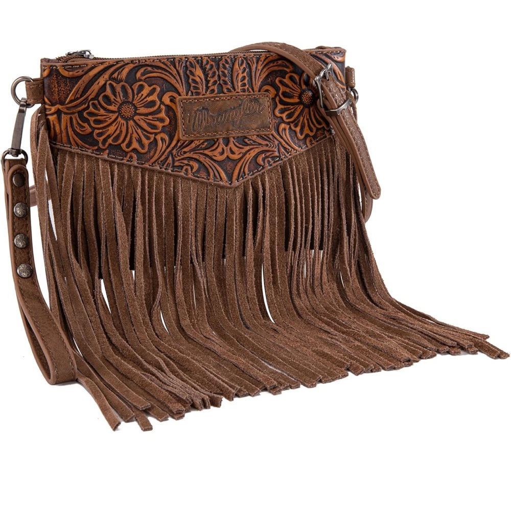 Wrangler Brown Leather Crossbody Bag with Fringe